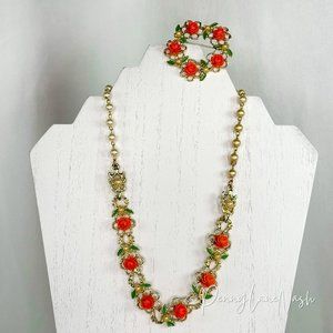 Vintage Orange Rose Necklace & Brooch Set in Gold Metal